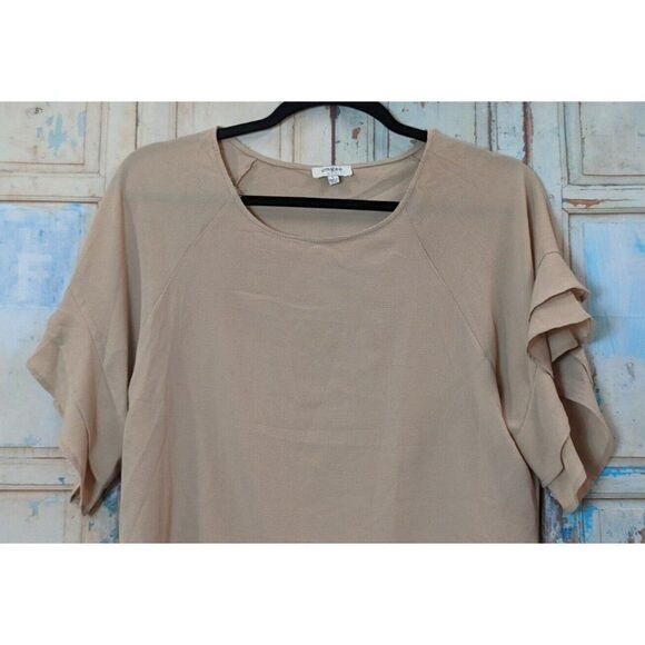 Umgee Womens Size Large Tan Ruffle Round Neck Short Flutter Sleeve Blouse Top - Picture 3 of 7